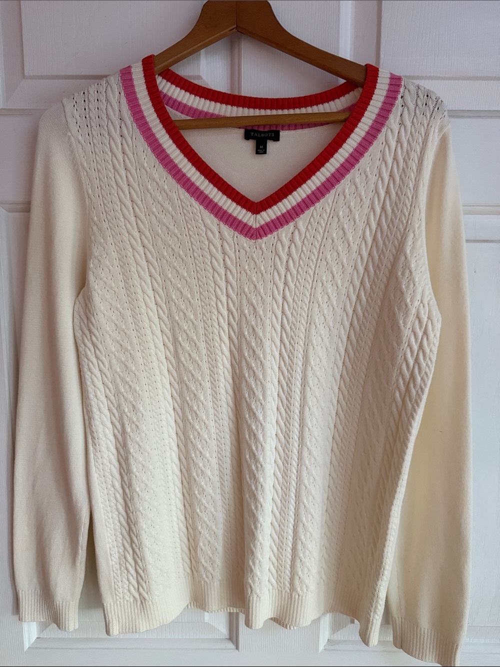 Talbots Cream Cable V-Neck Sweater with Pink and Red Trim